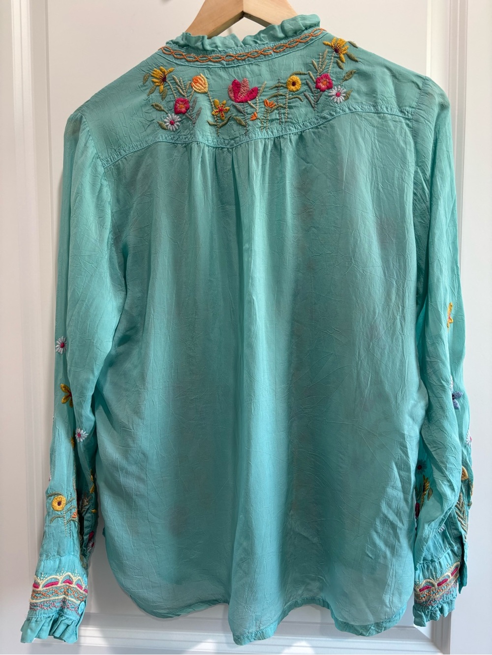 Johnny Was Turquoise Embroidered Button-Front Shirt - Picture 7 of 9
